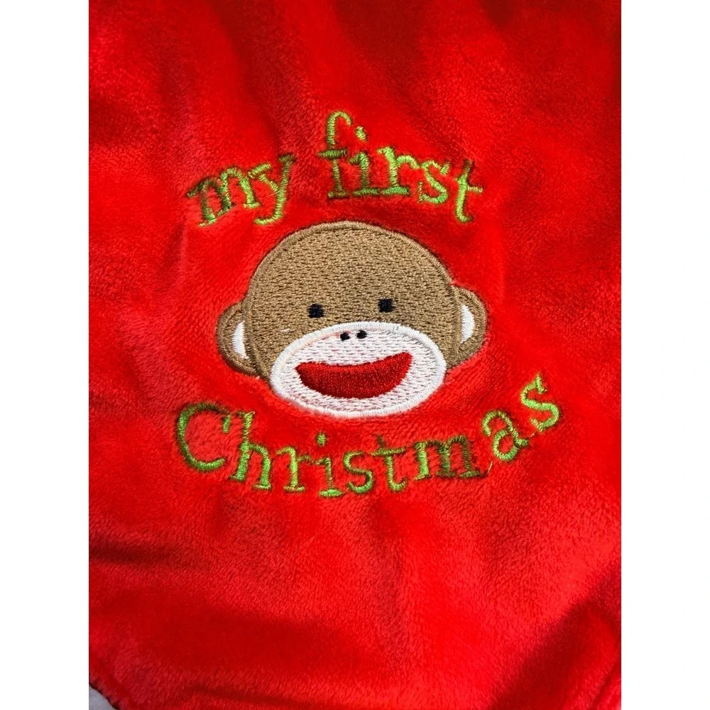 My First Christmas Sock Monkey Baby Security Blanket Red Plush Lovey Santa Hat